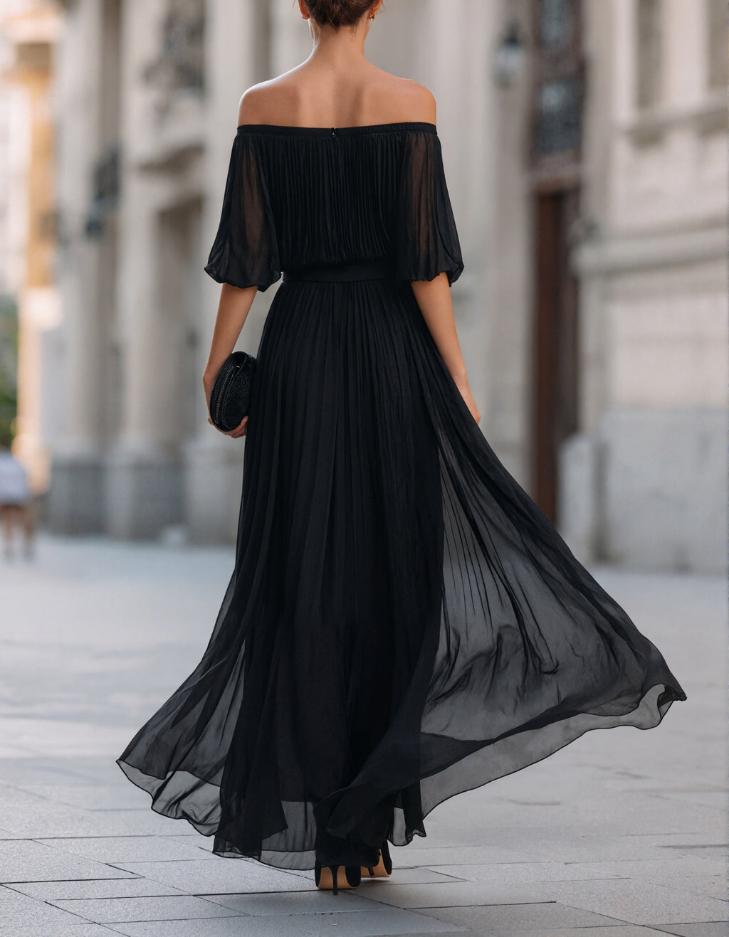 Off-Shoulder Chiffon Slit Maxi Dress