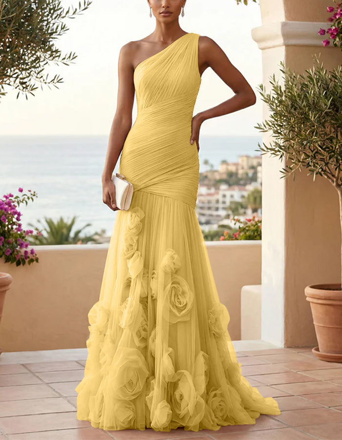 Solid Color One-Shoulder 3D Floral Mesh Fishtail Maxi Dress