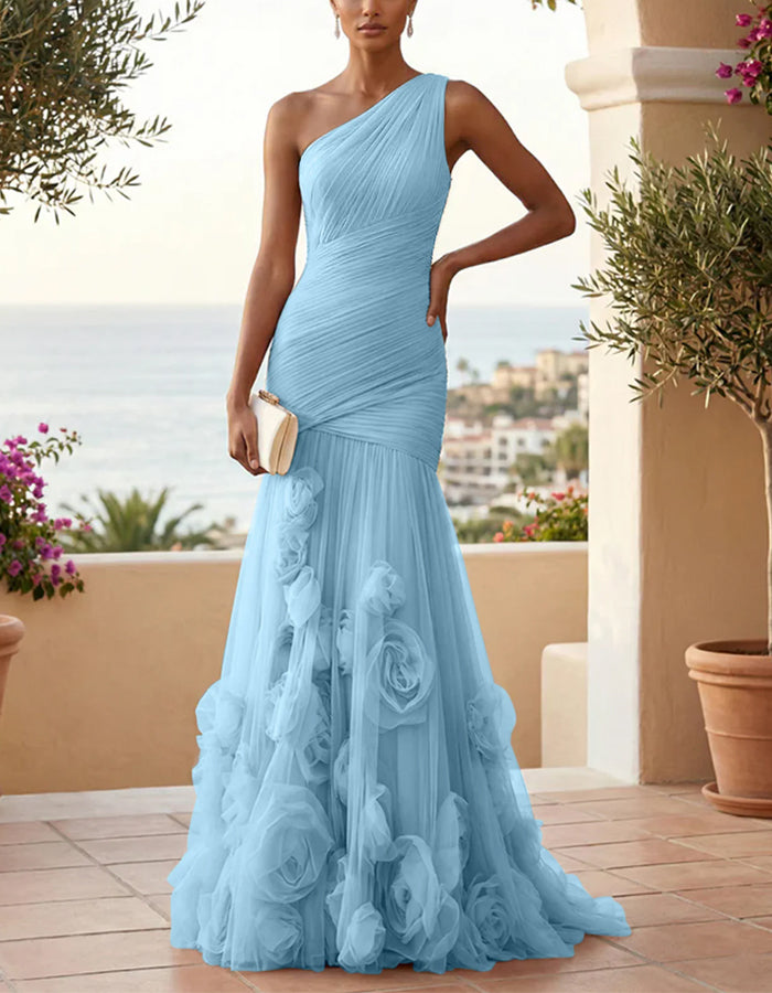 Solid Color One-Shoulder 3D Floral Mesh Fishtail Maxi Dress