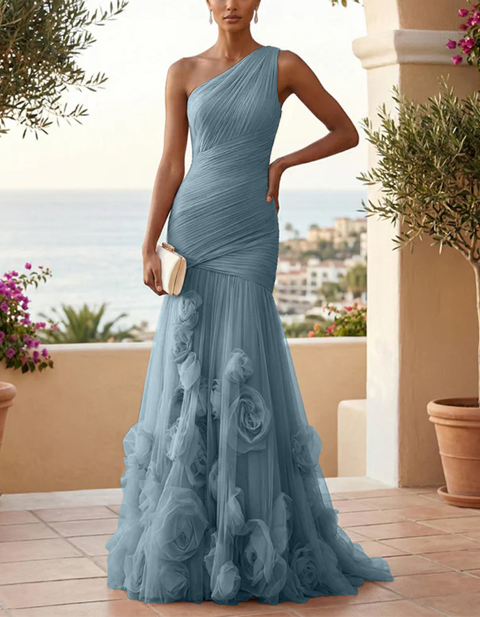 Solid Color One-Shoulder 3D Floral Mesh Fishtail Maxi Dress