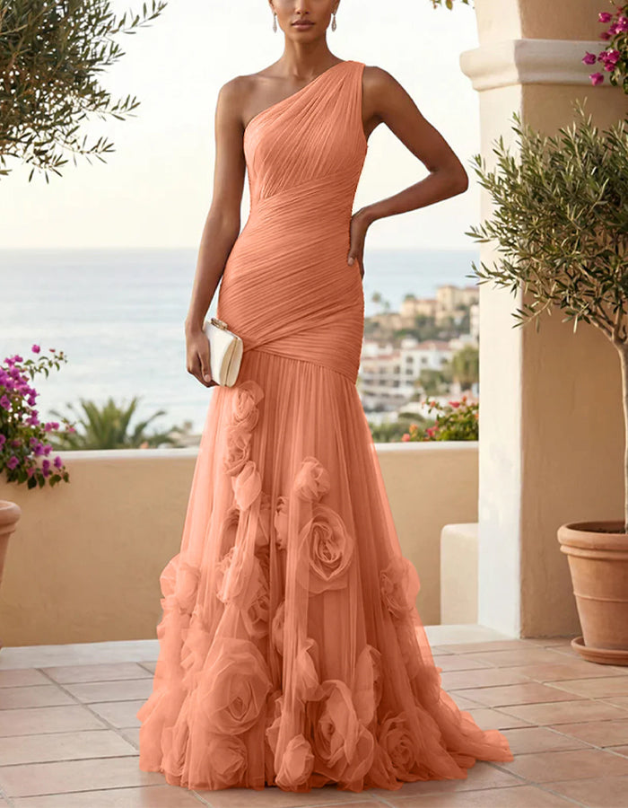Solid Color One-Shoulder 3D Floral Mesh Fishtail Maxi Dress