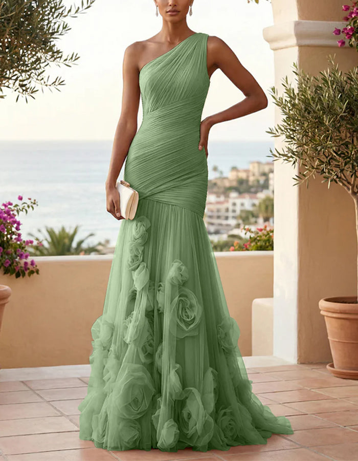 Solid Color One-Shoulder 3D Floral Mesh Fishtail Maxi Dress