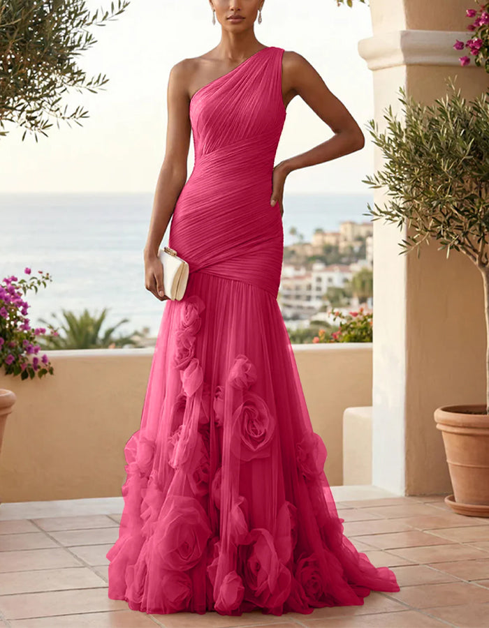 Solid Color One-Shoulder 3D Floral Mesh Fishtail Maxi Dress