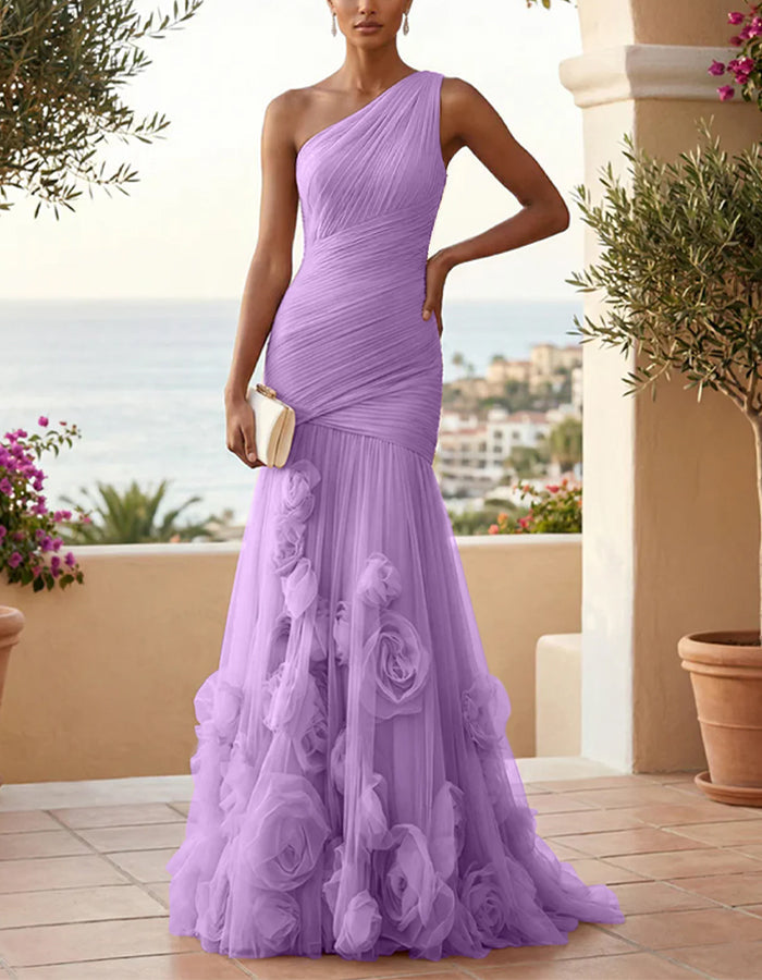 Solid Color One-Shoulder 3D Floral Mesh Fishtail Maxi Dress