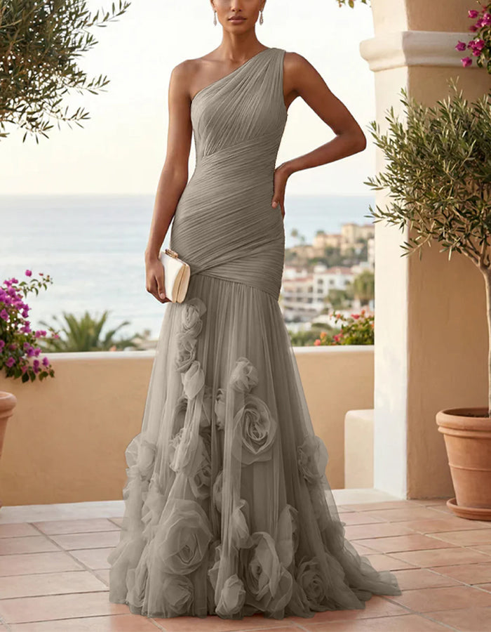 Solid Color One-Shoulder 3D Floral Mesh Fishtail Maxi Dress