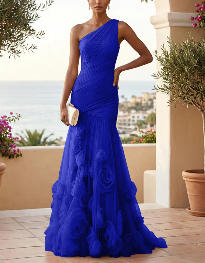 Solid Color One-Shoulder 3D Floral Mesh Fishtail Maxi Dress