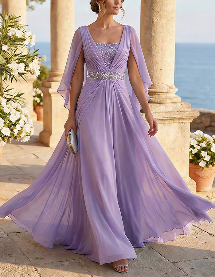 Chiffon Cape Sleeve Maxi Dress