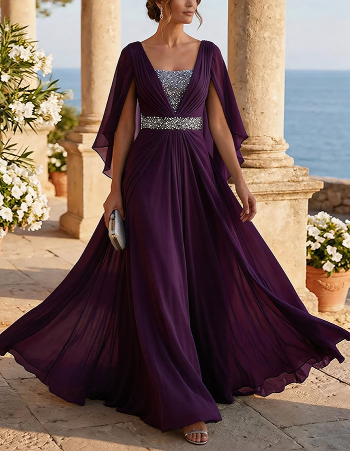 Chiffon Cape Sleeve Maxi Dress