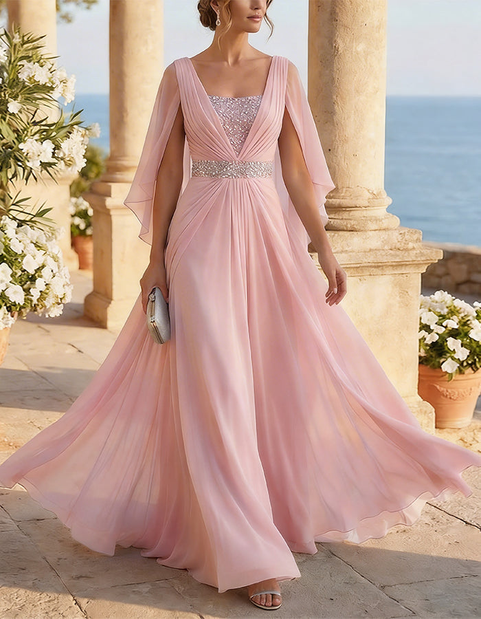 Chiffon Cape Sleeve Maxi Dress