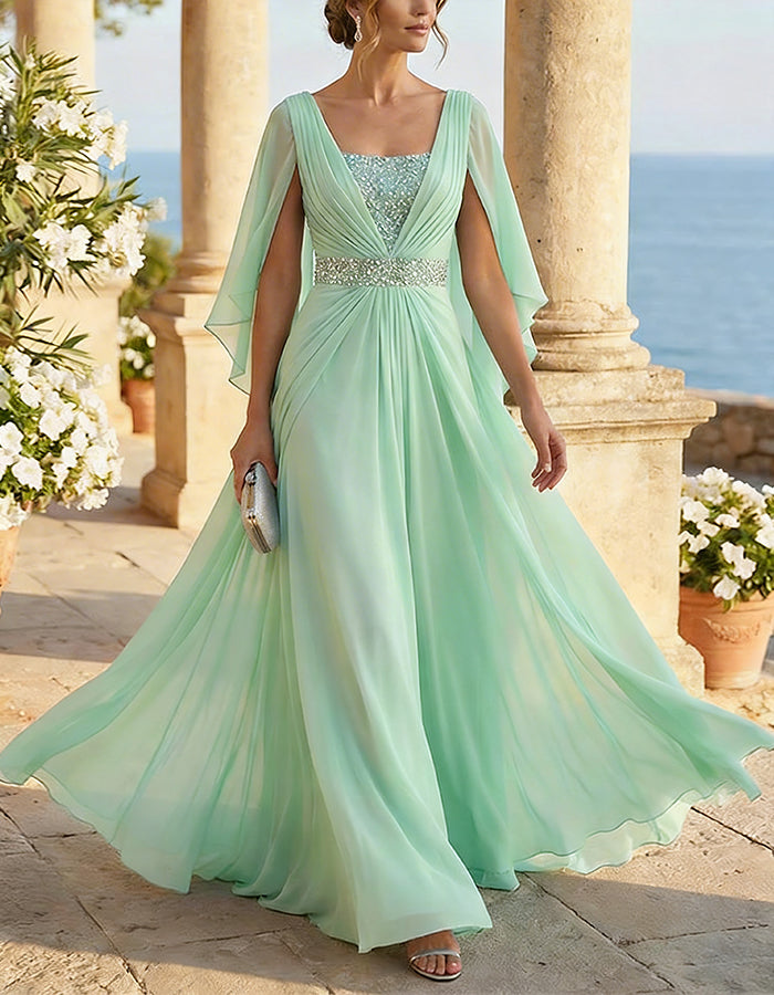 Chiffon Cape Sleeve Maxi Dress