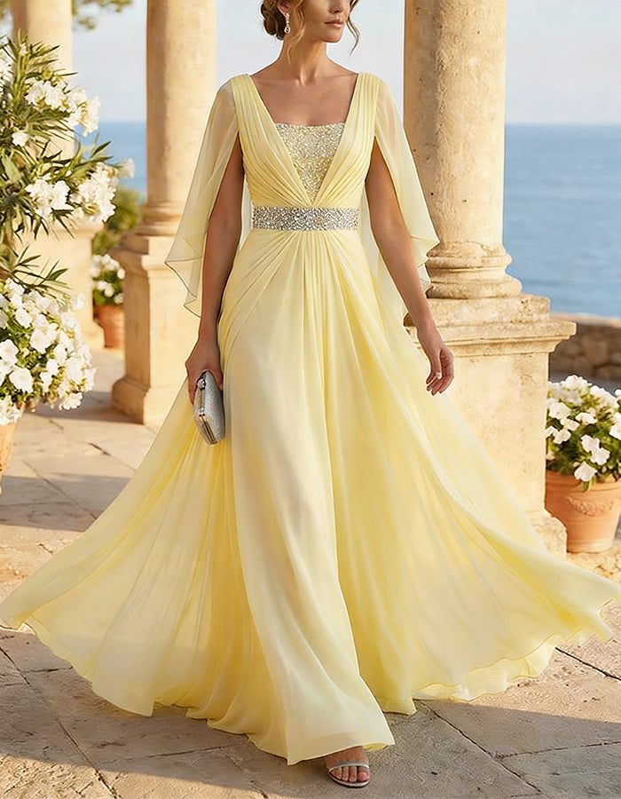 Chiffon Cape Sleeve Maxi Dress