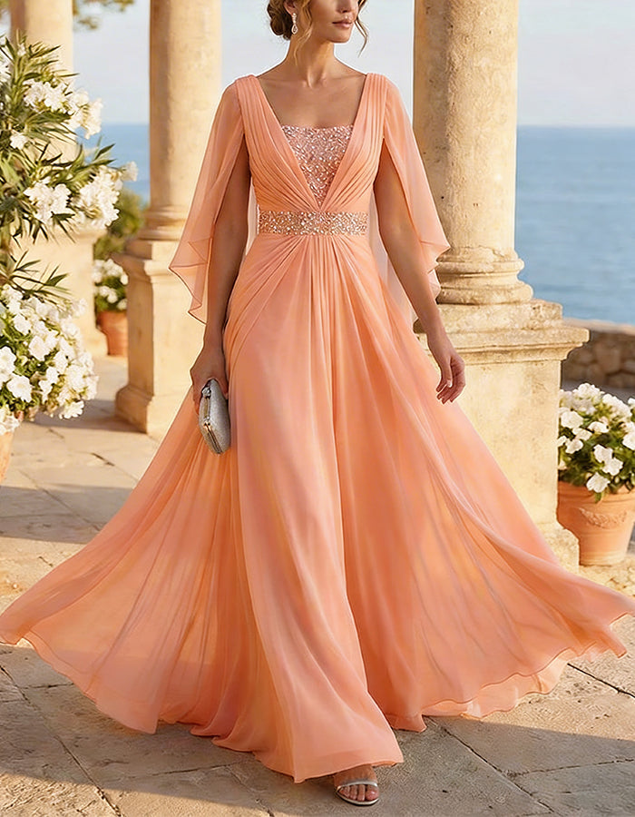 Chiffon Cape Sleeve Maxi Dress