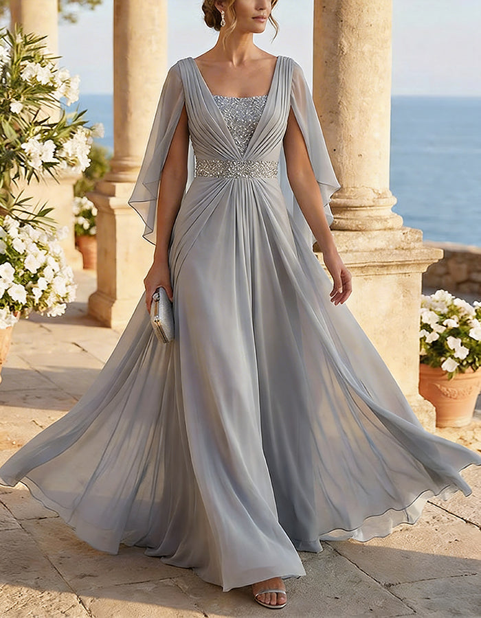 Chiffon Cape Sleeve Maxi Dress