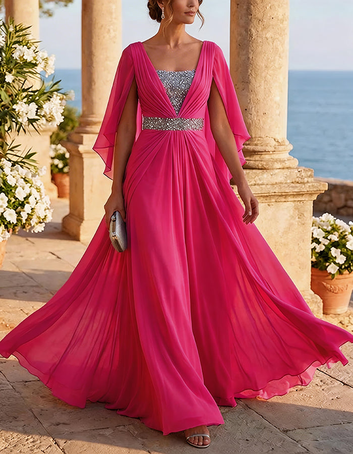Chiffon Cape Sleeve Maxi Dress