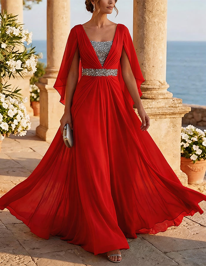 Chiffon Cape Sleeve Maxi Dress