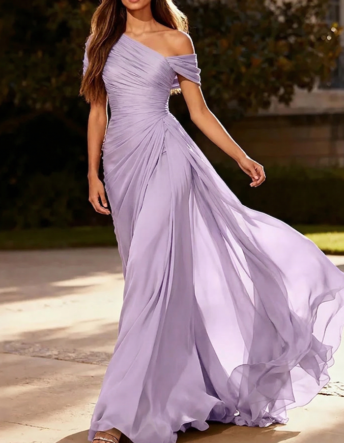 Asymmetrical Pleated Chiffon One-Shoulder Maxi Dress