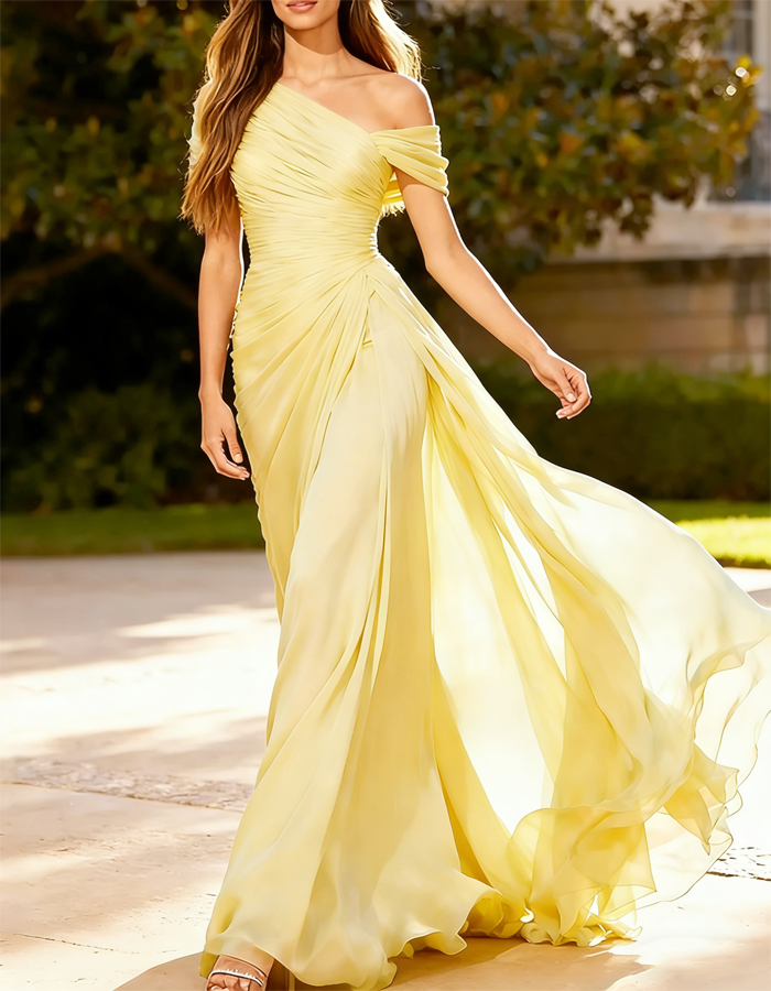 Asymmetrical Pleated Chiffon One-Shoulder Maxi Dress