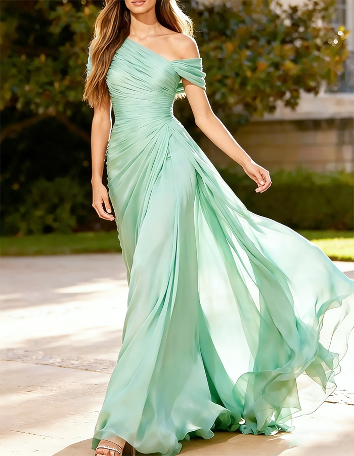 Asymmetrical Pleated Chiffon One-Shoulder Maxi Dress