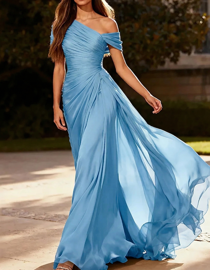 Asymmetrical Pleated Chiffon One-Shoulder Maxi Dress