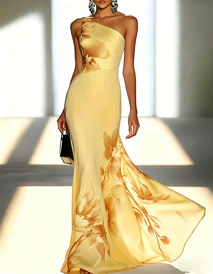Satin Ink-Wash Floral Off-Shoulder Fishtail Maxi Dress
