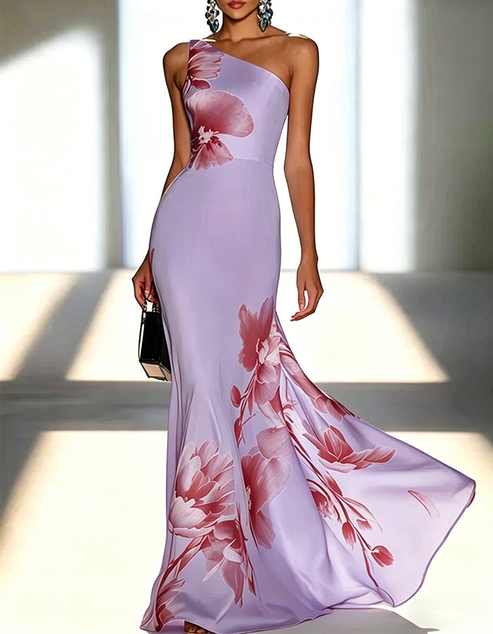 Satin Ink-Wash Floral Off-Shoulder Fishtail Maxi Dress