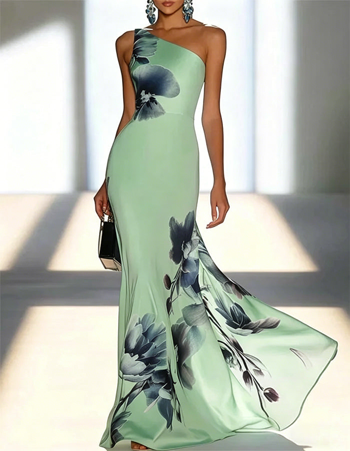 Satin Ink-Wash Floral Off-Shoulder Fishtail Maxi Dress