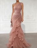 One-Shoulder Draped Tulle Mermaid Gown
