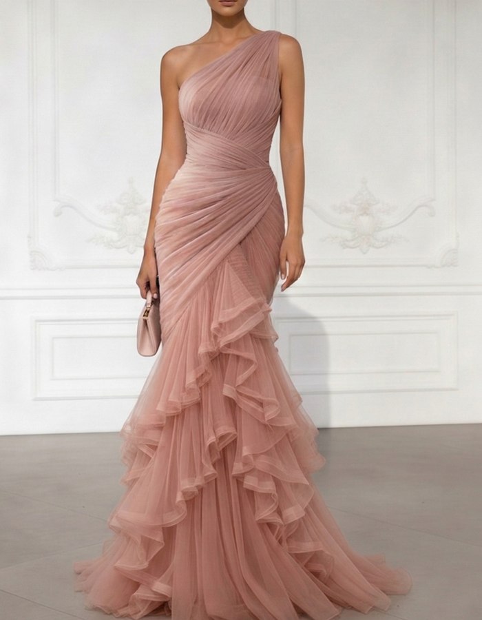 One-Shoulder Draped Tulle Mermaid Gown