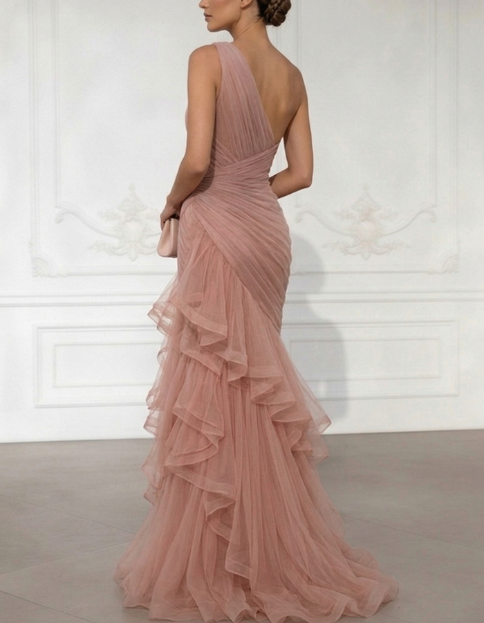 One-Shoulder Draped Tulle Mermaid Gown
