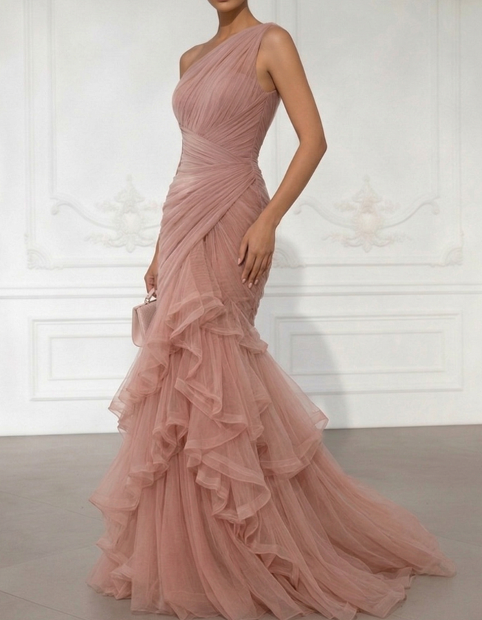 One-Shoulder Draped Tulle Mermaid Gown