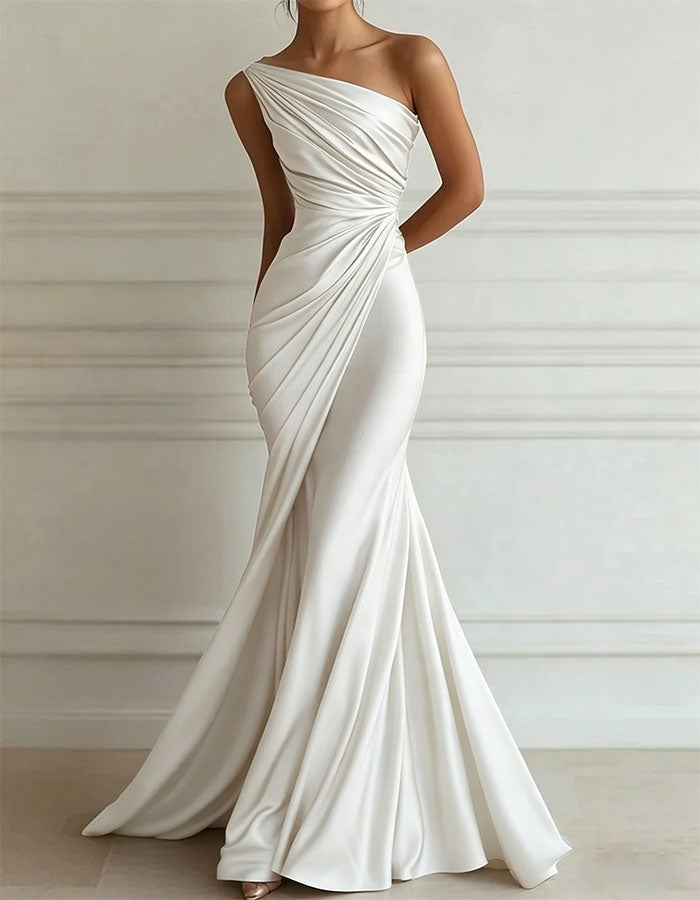 One-Shoulder Stretch Satin Pleated Maxi Dress