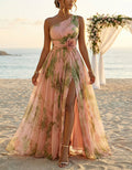 Pink Rose Print Off-Shoulder 3D Floral Cinched Waist Chiffon Maxi Dress