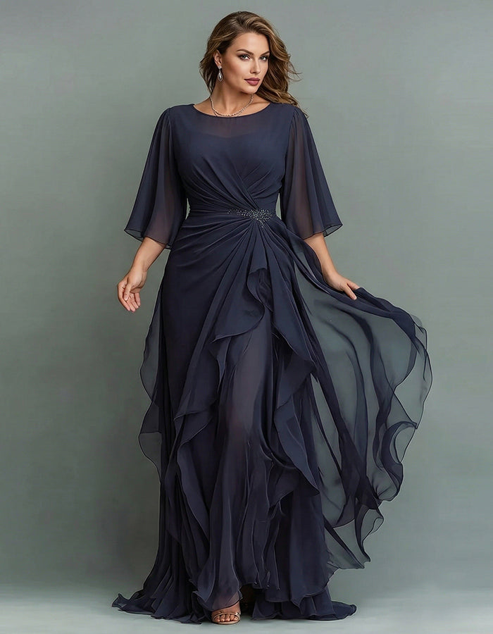 Round Neck Appliqué Twisted Ruffle Chiffon Maxi Dress