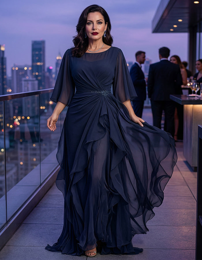 Round Neck Appliqué Twisted Ruffle Chiffon Maxi Dress