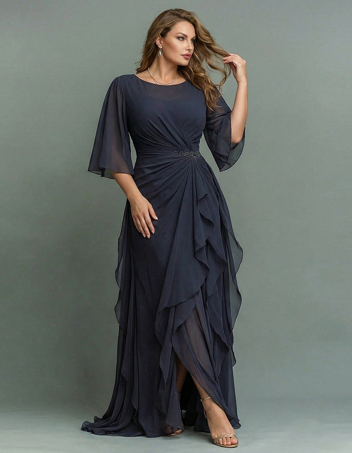 Round Neck Appliqué Twisted Ruffle Chiffon Maxi Dress