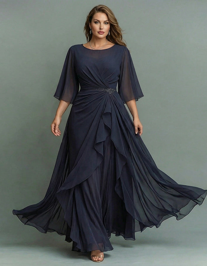 Round Neck Appliqué Twisted Ruffle Chiffon Maxi Dress