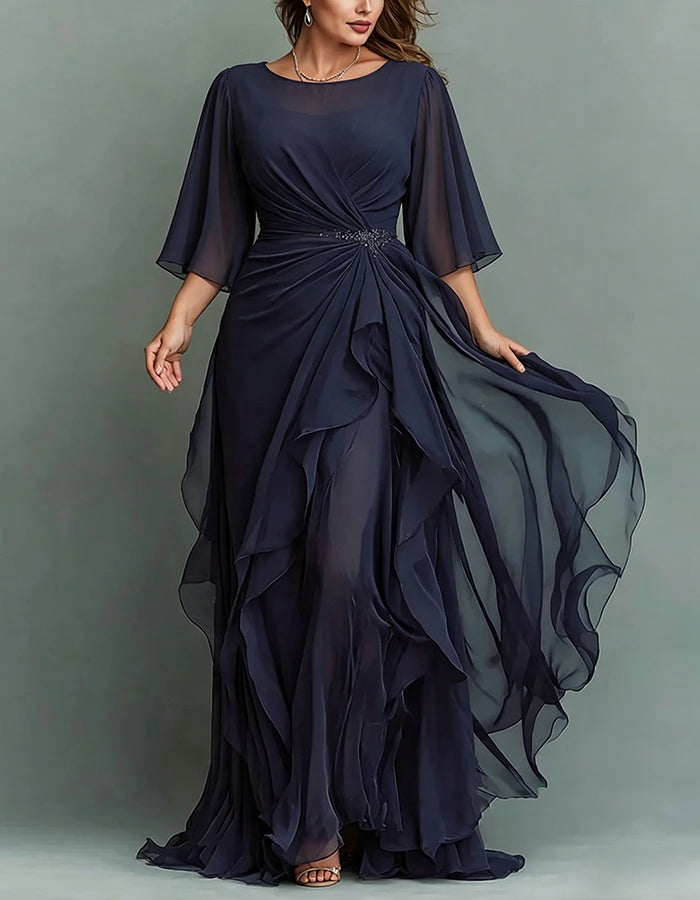 Round Neck Appliqué Twisted Ruffle Chiffon Maxi Dress