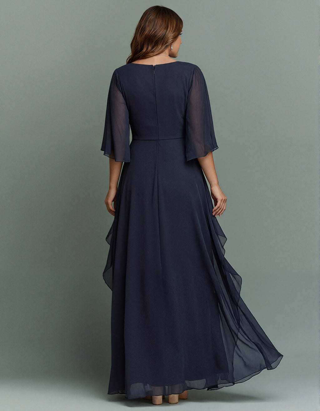 Round Neck Appliqué Twisted Ruffle Chiffon Maxi Dress