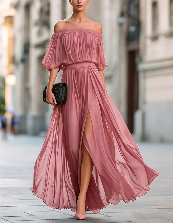 Off-Shoulder Chiffon Slit Maxi Dress