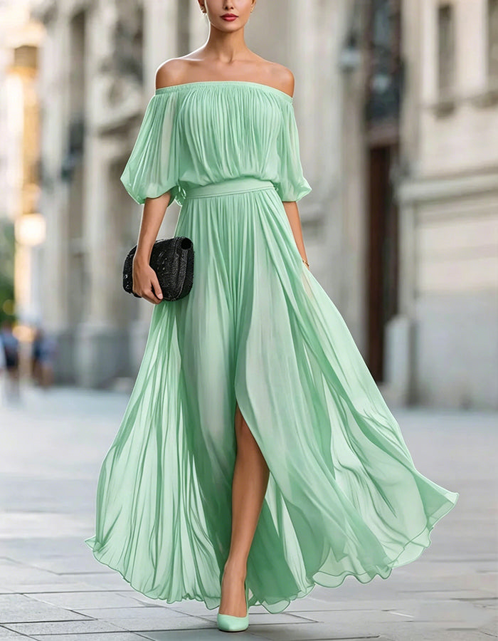 Off-Shoulder Chiffon Slit Maxi Dress