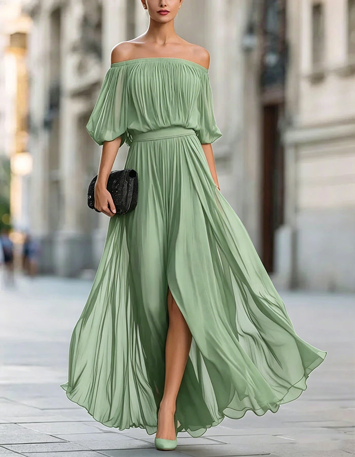 Off-Shoulder Chiffon Slit Maxi Dress