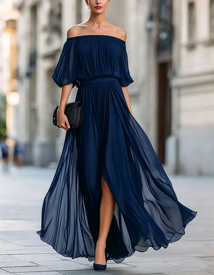 Off-Shoulder Chiffon Slit Maxi Dress