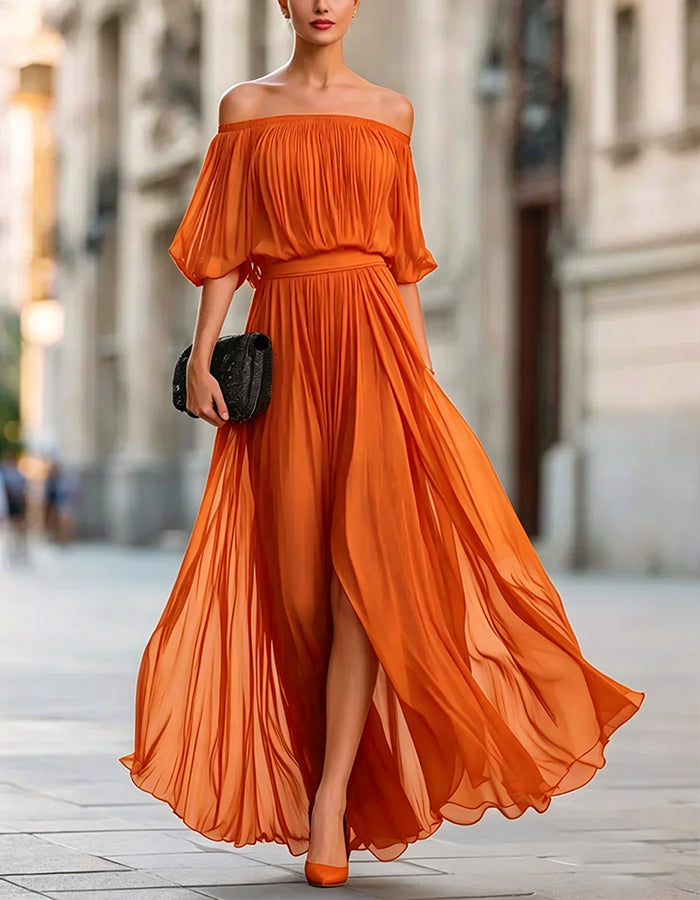 Off-Shoulder Chiffon Slit Maxi Dress