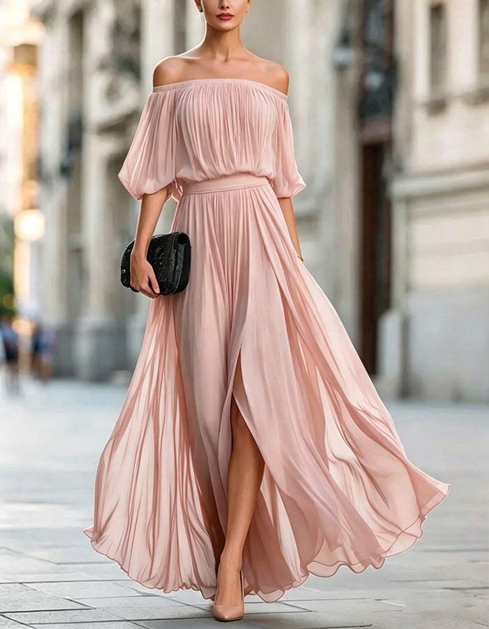 Off-Shoulder Chiffon Slit Maxi Dress