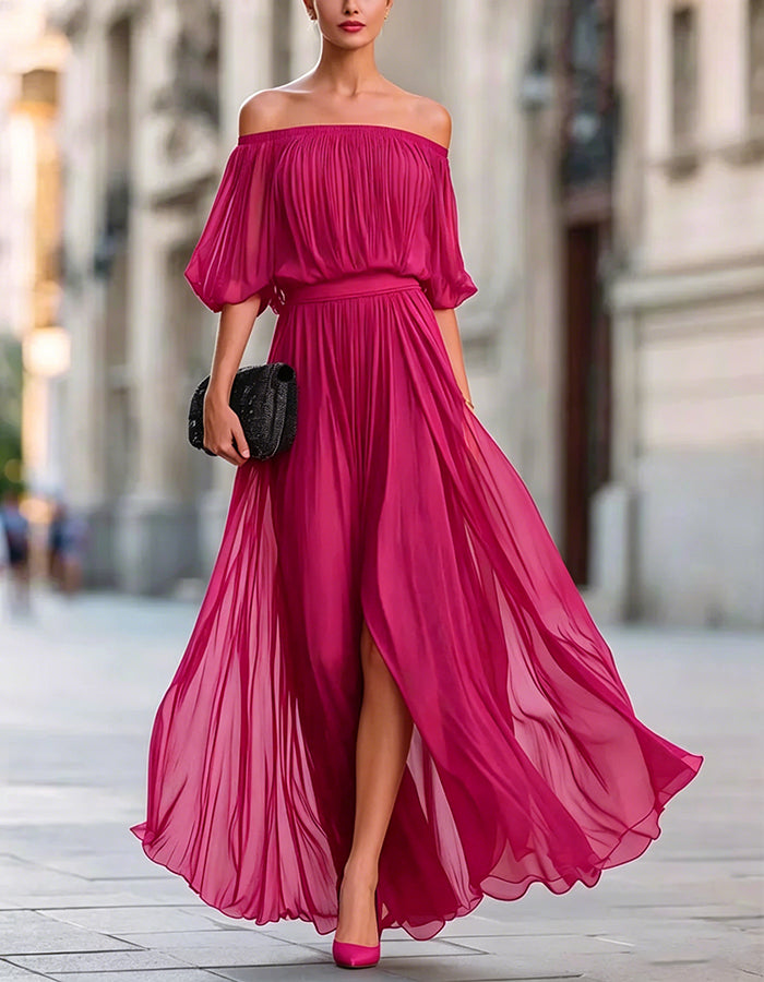Off-Shoulder Chiffon Slit Maxi Dress