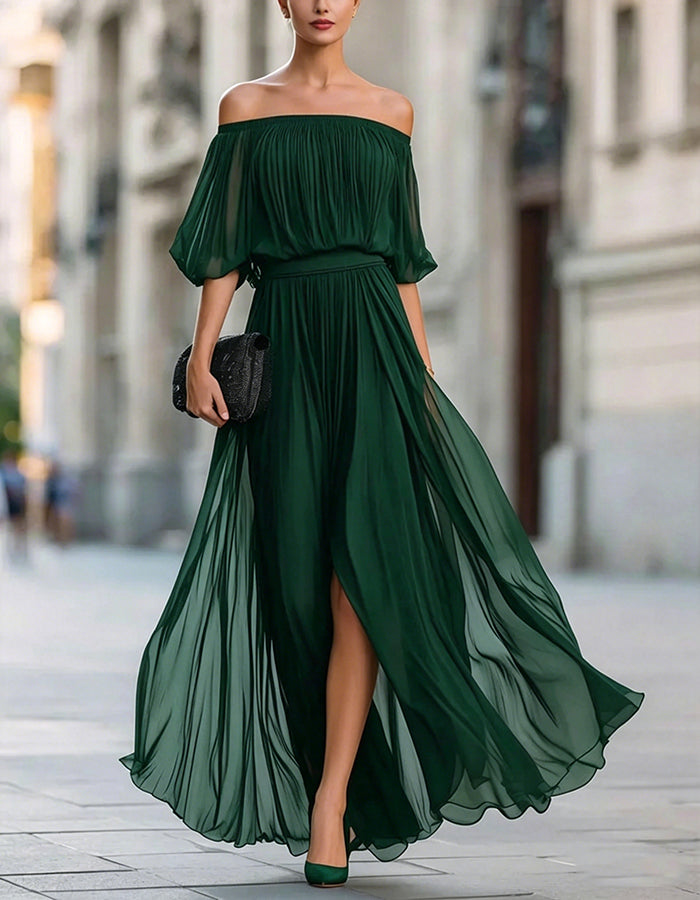 Off-Shoulder Chiffon Slit Maxi Dress