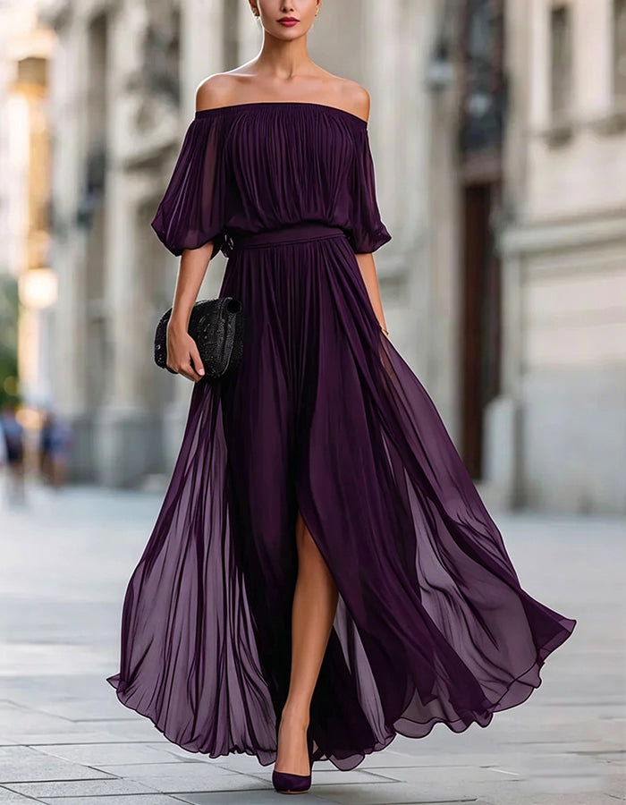 Off-Shoulder Chiffon Slit Maxi Dress