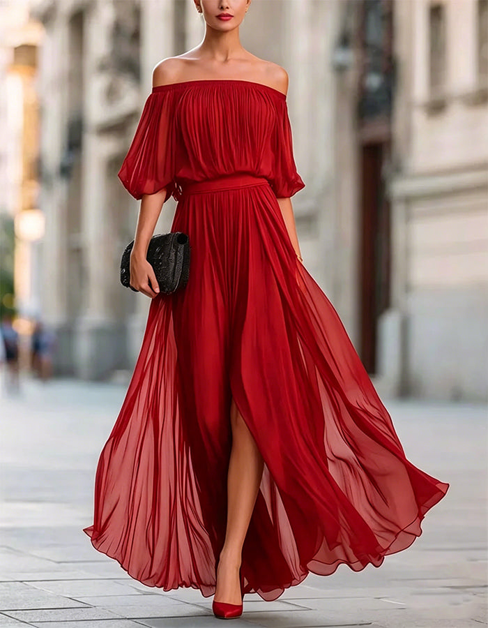 Off-Shoulder Chiffon Slit Maxi Dress