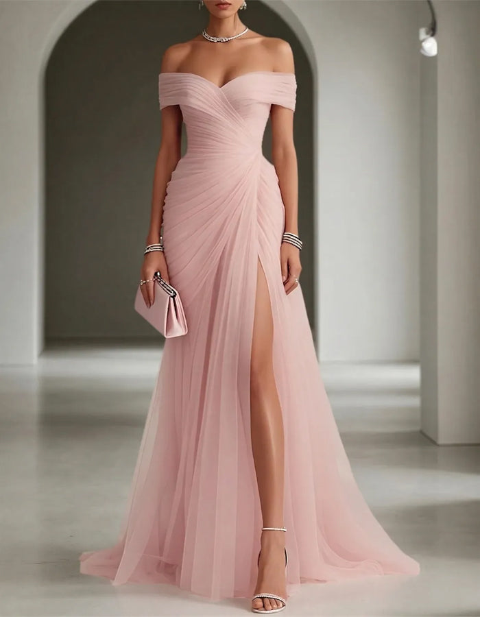 Solid Color Off-Shoulder Mesh Ruched Maxi Dress with Slit