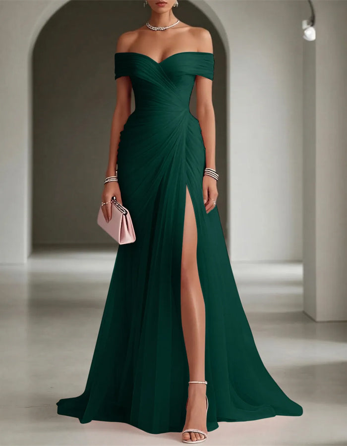 Solid Color Off-Shoulder Mesh Ruched Maxi Dress with Slit
